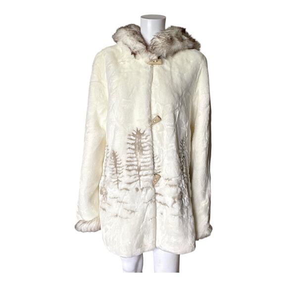 NUAGE Womens Size Small Cream Faux Fur Hooded Toggle Front Plush Coat Jacket - Picture 1 of 11
